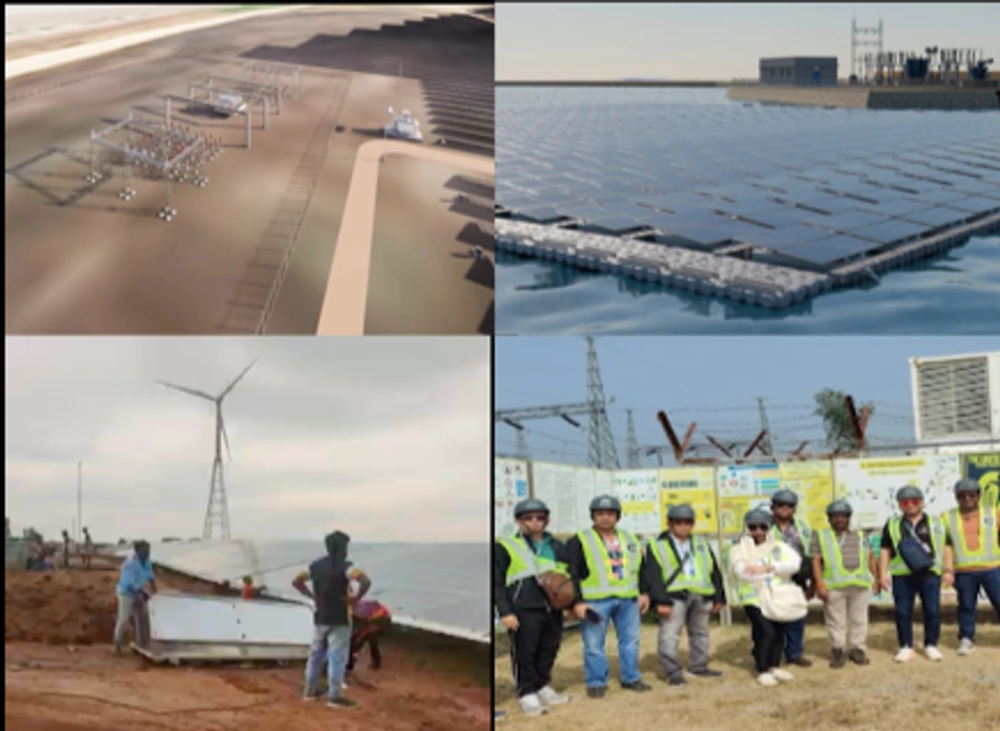 Floating solar, wind, utility solar and hybrid renewable project collage.