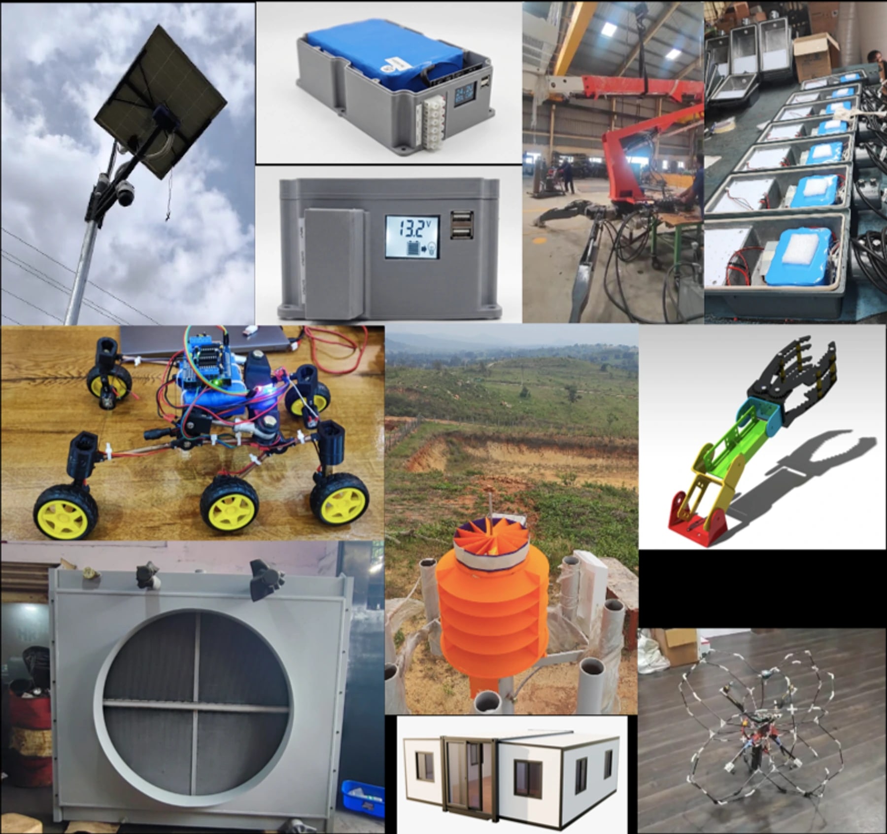 Prototype and product concept collage for energy, agriculture, mobility and modular infrastructure.