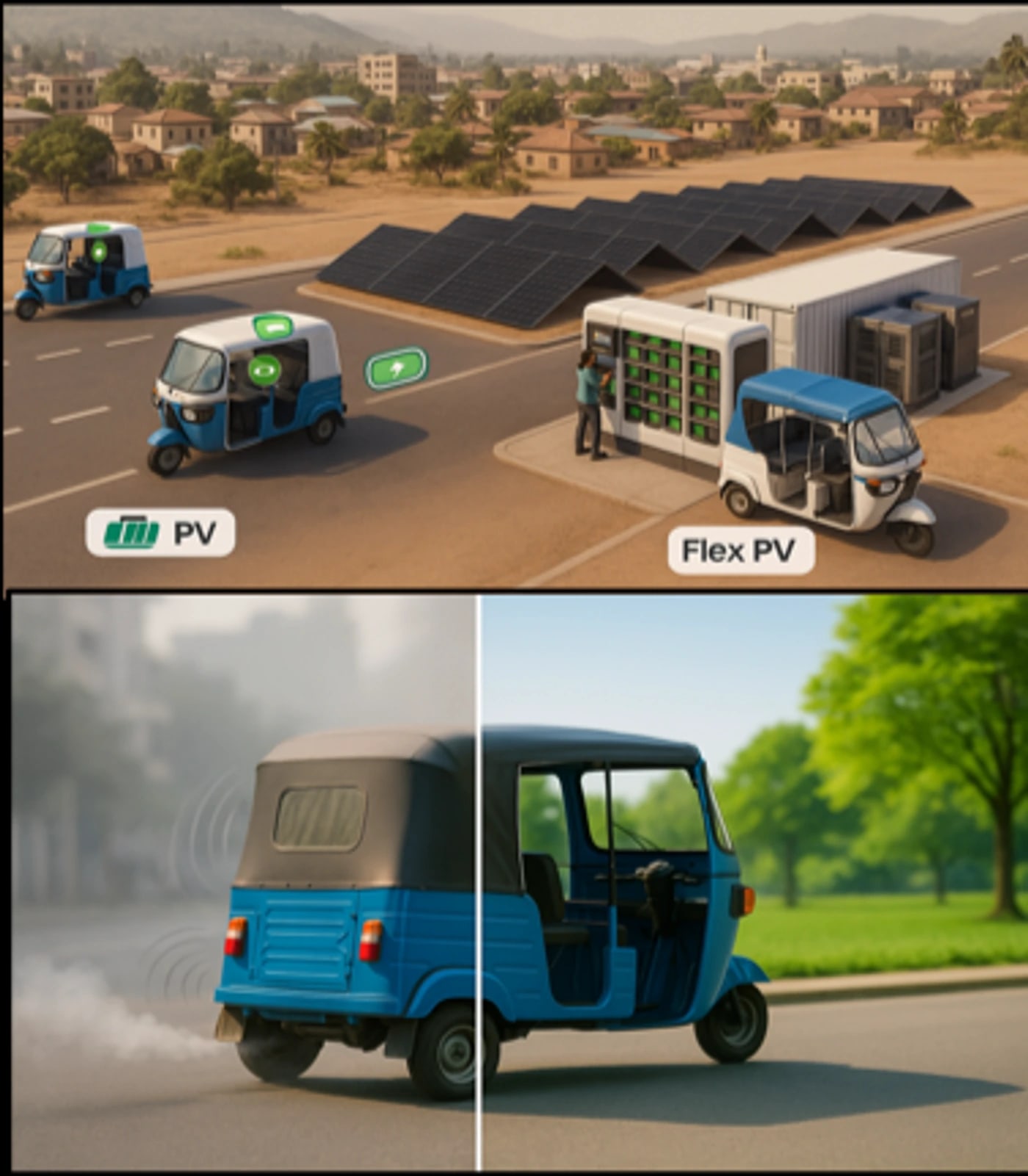 Renewable charging hub and Flex PV mobility concept collage.