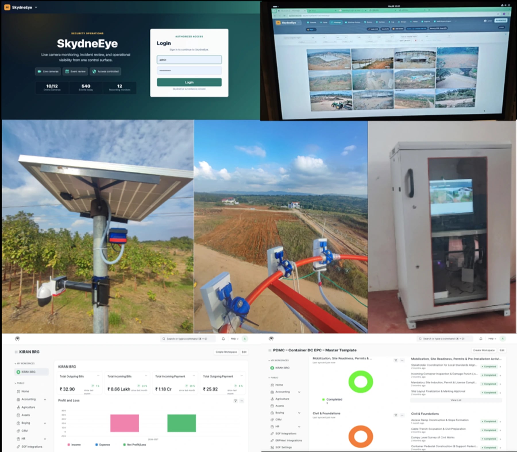 SkydneEye, ERP, VMS and field reporting software screenshot collage.