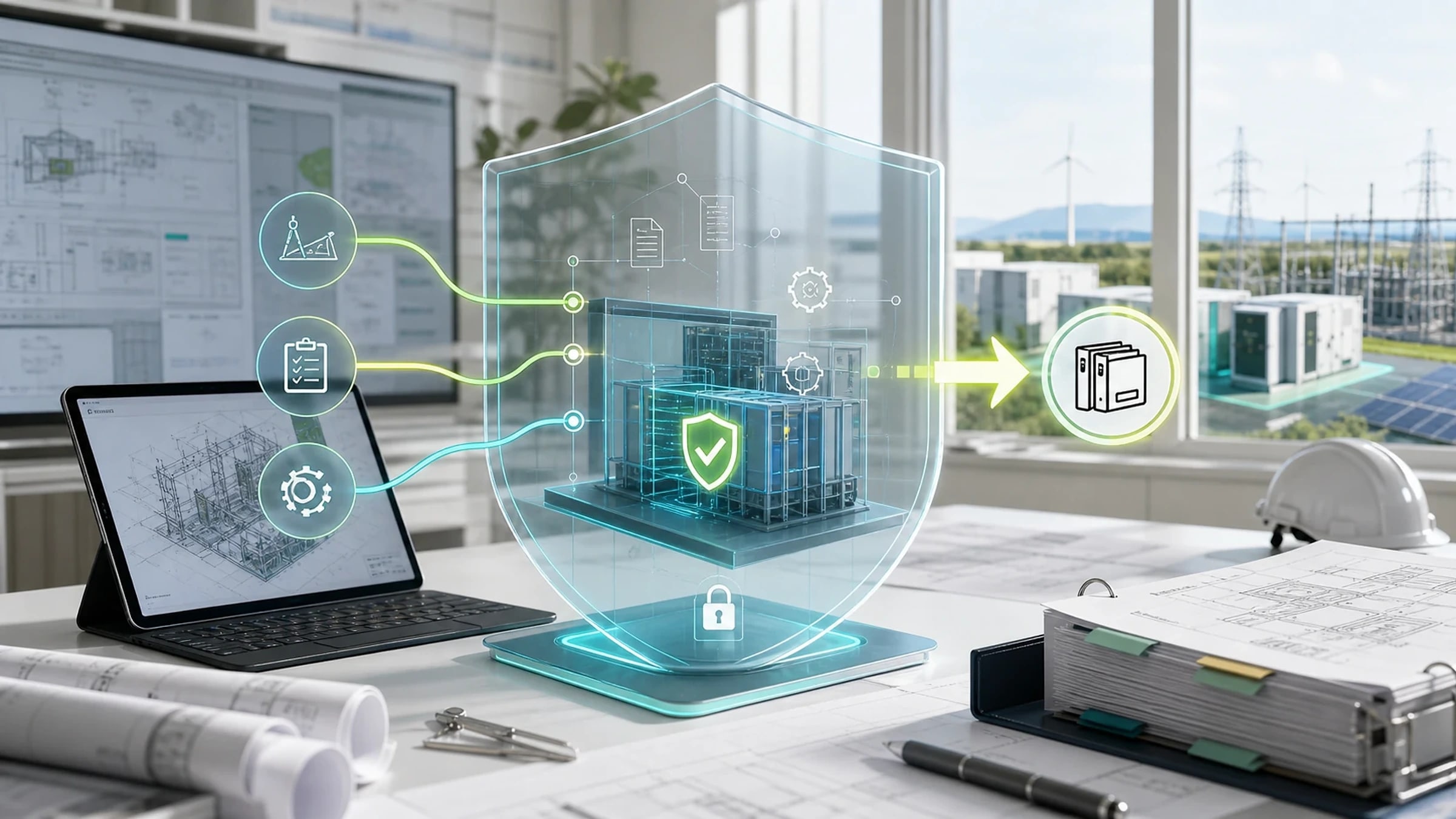 White-label engineering delivery visual showing protected capability transfer through a secure technical shield.