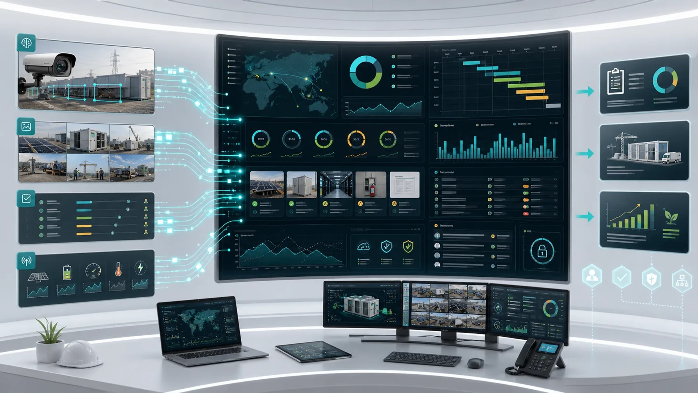 Premium engineering operations dashboard receiving camera, field report, task and sensor data.