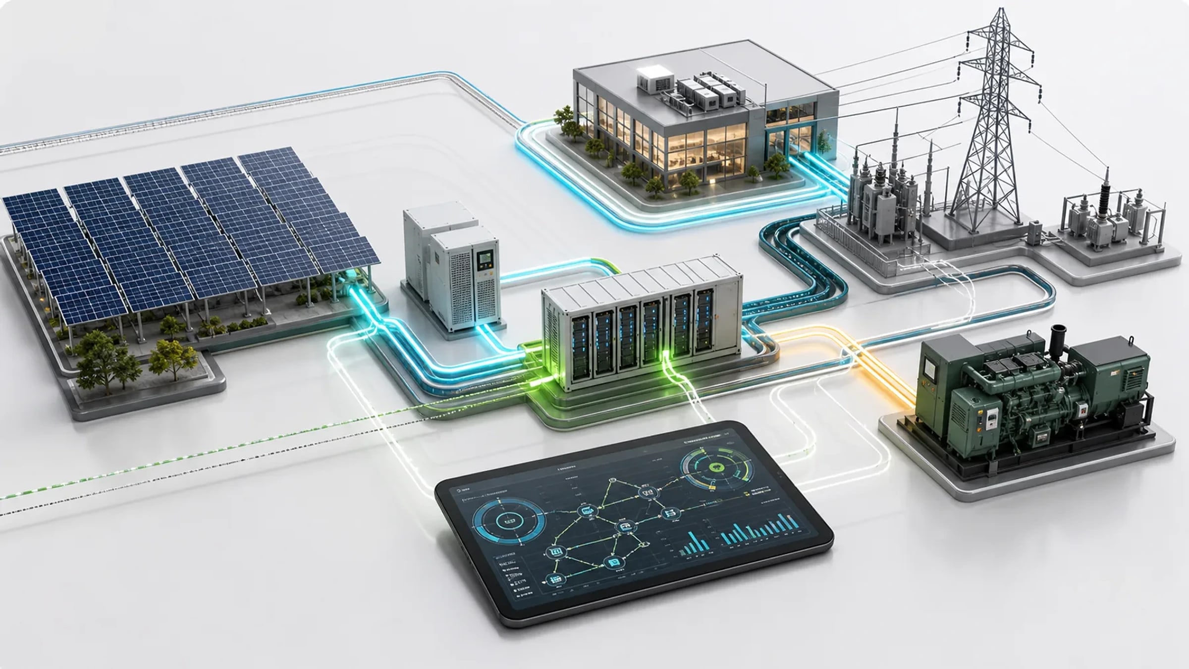 Hybrid power dispatch concept showing solar, inverter, BESS, load, grid, generator and O&M monitoring.