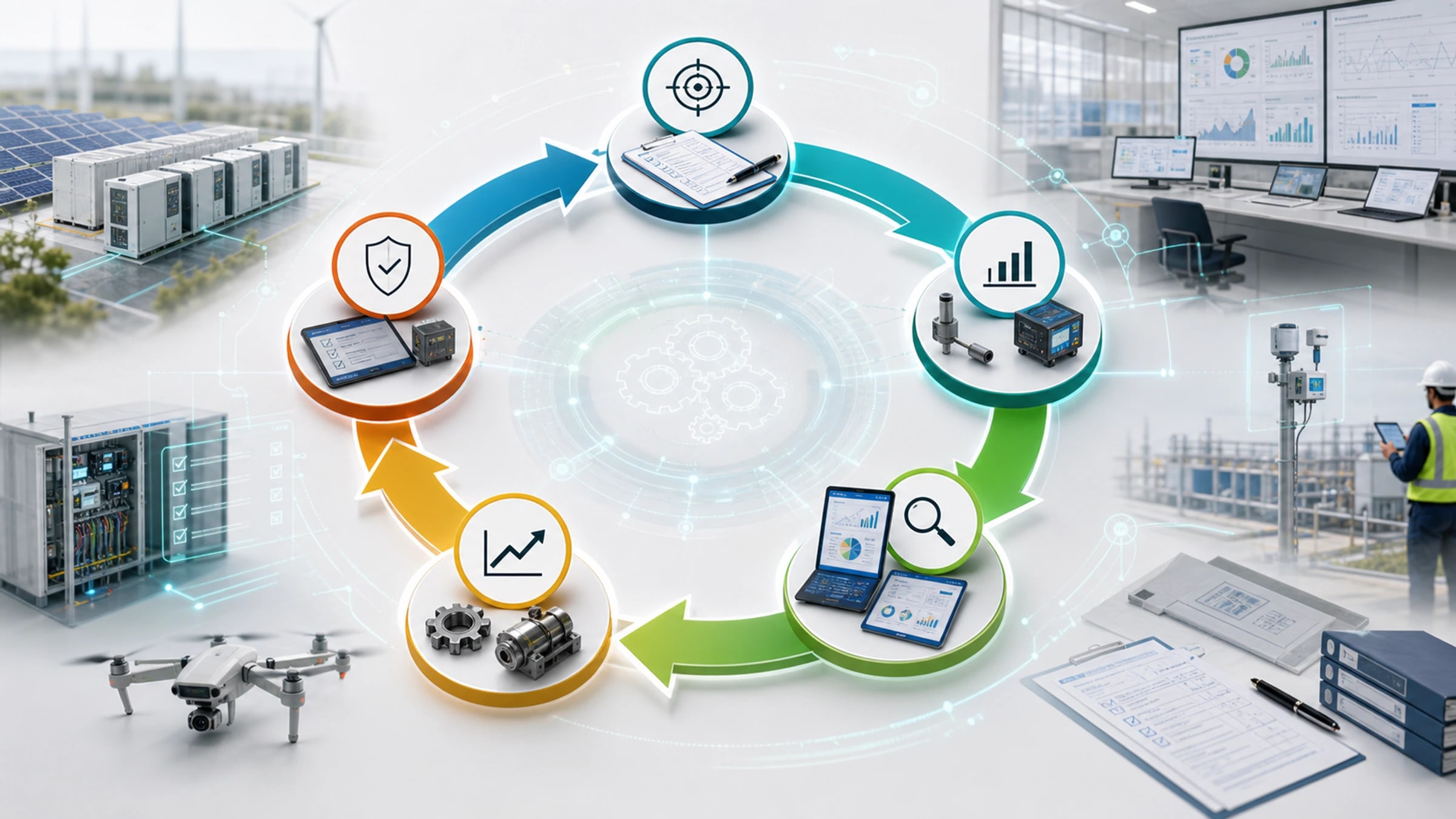 HD circular improvement visual showing measurement, analysis, improvement, control and field feedback loops.