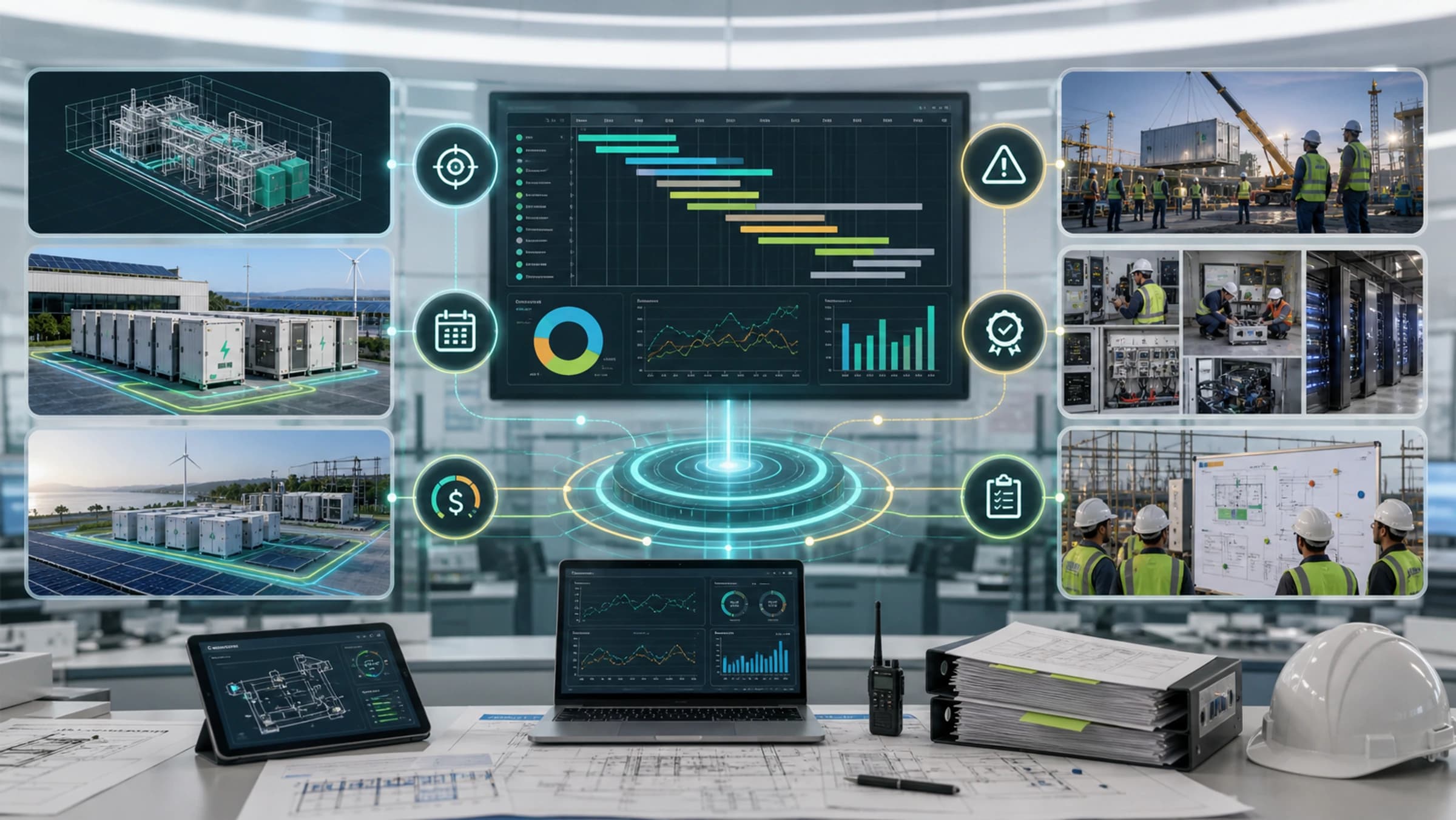 HD project controls dashboard visual showing schedule, cost, risk, quality and scope signals connected to field execution.