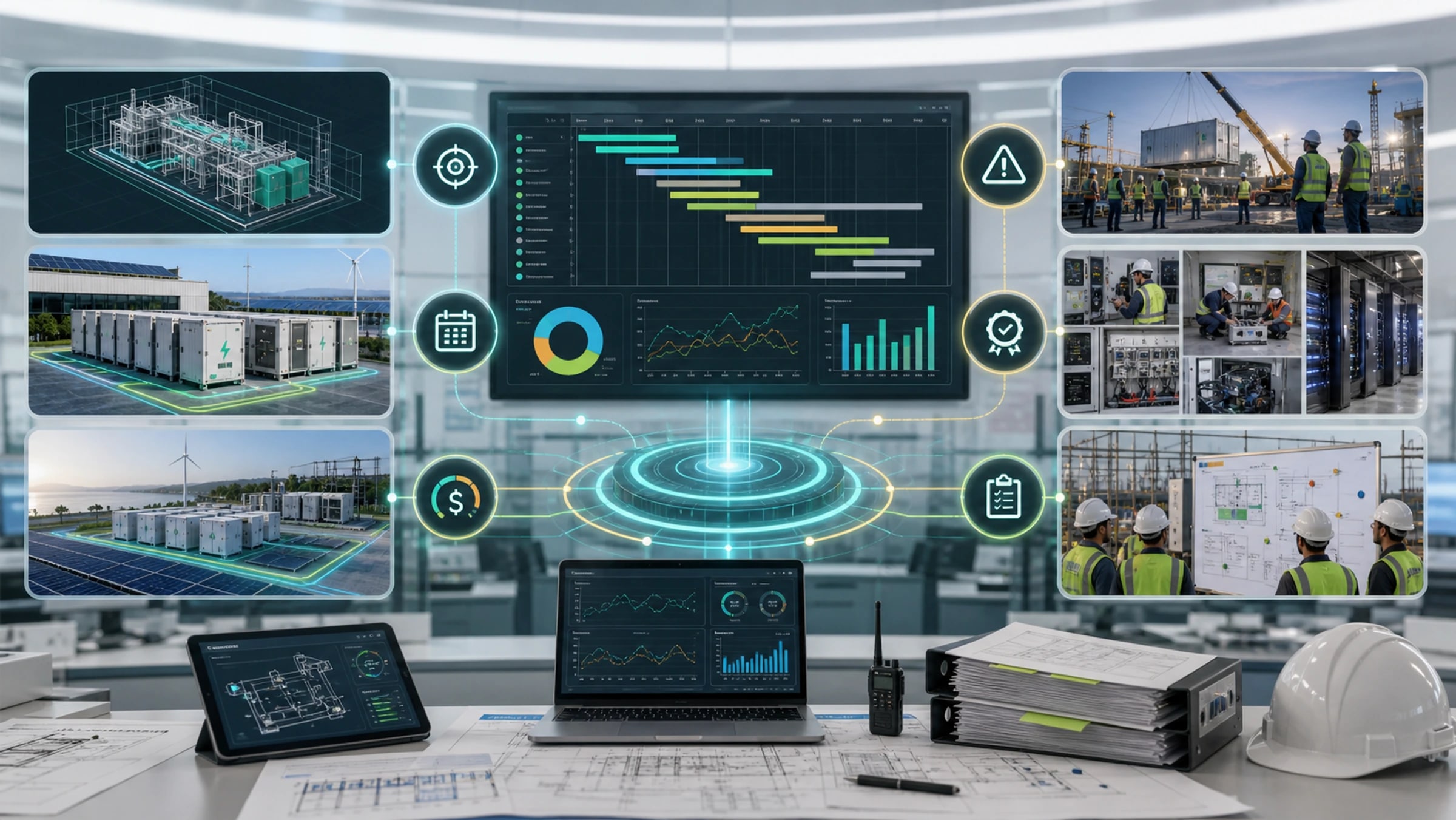 HD project controls dashboard visual showing schedule, cost, risk, quality and scope signals connected to field execution.