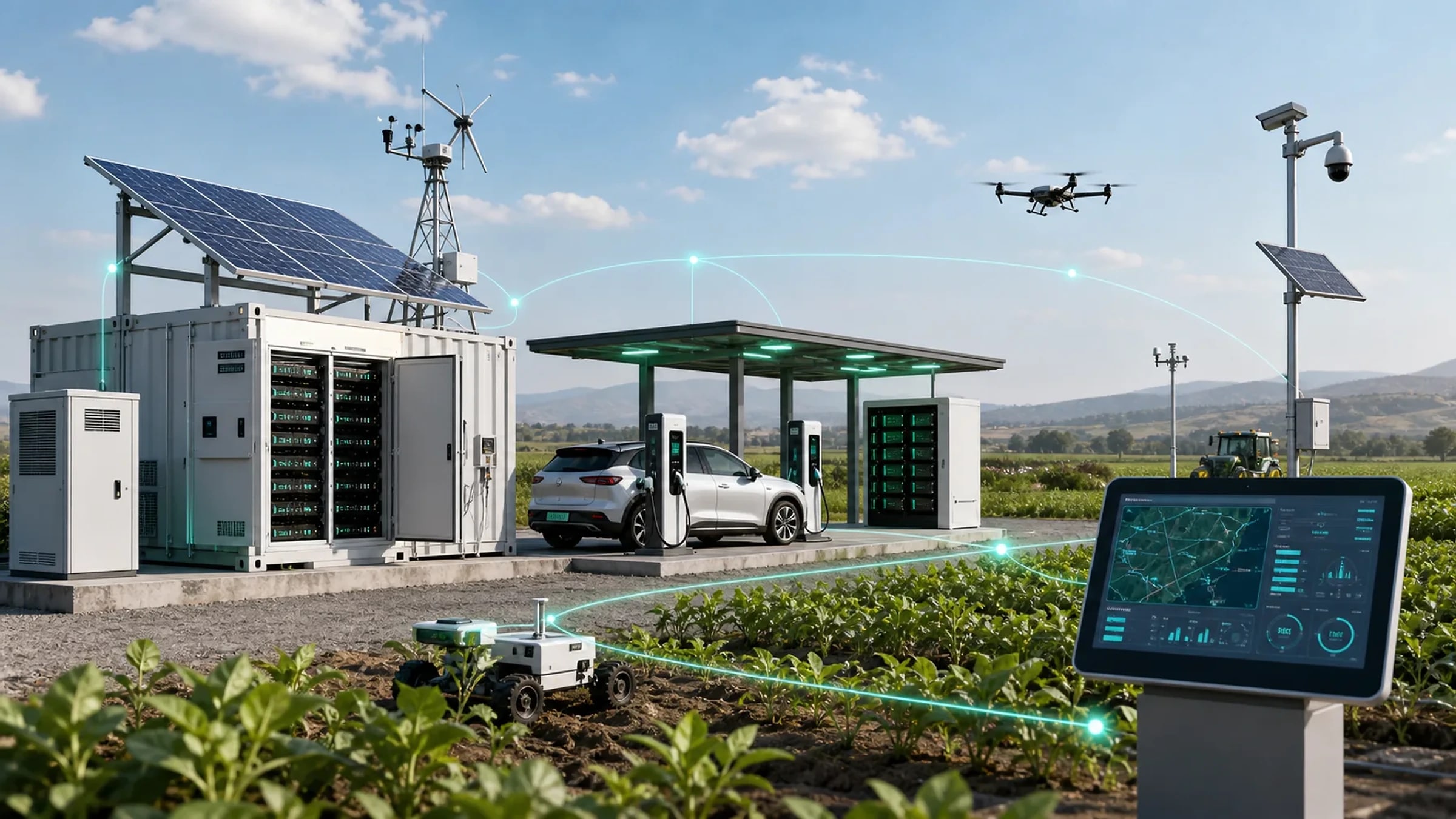 Photorealistic renewable charging hub connected to EV, drone, agri-bot, surveillance and IoT field automation.