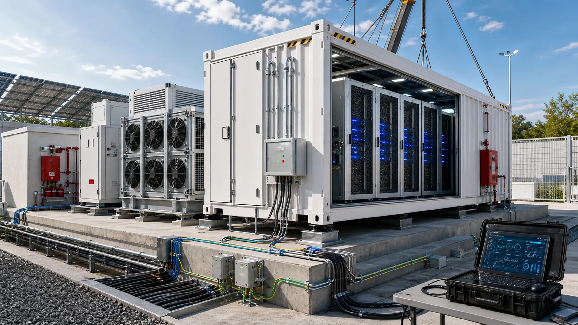 Photorealistic prefab data center container with civil, electrical, cooling, safety and IT interfaces.