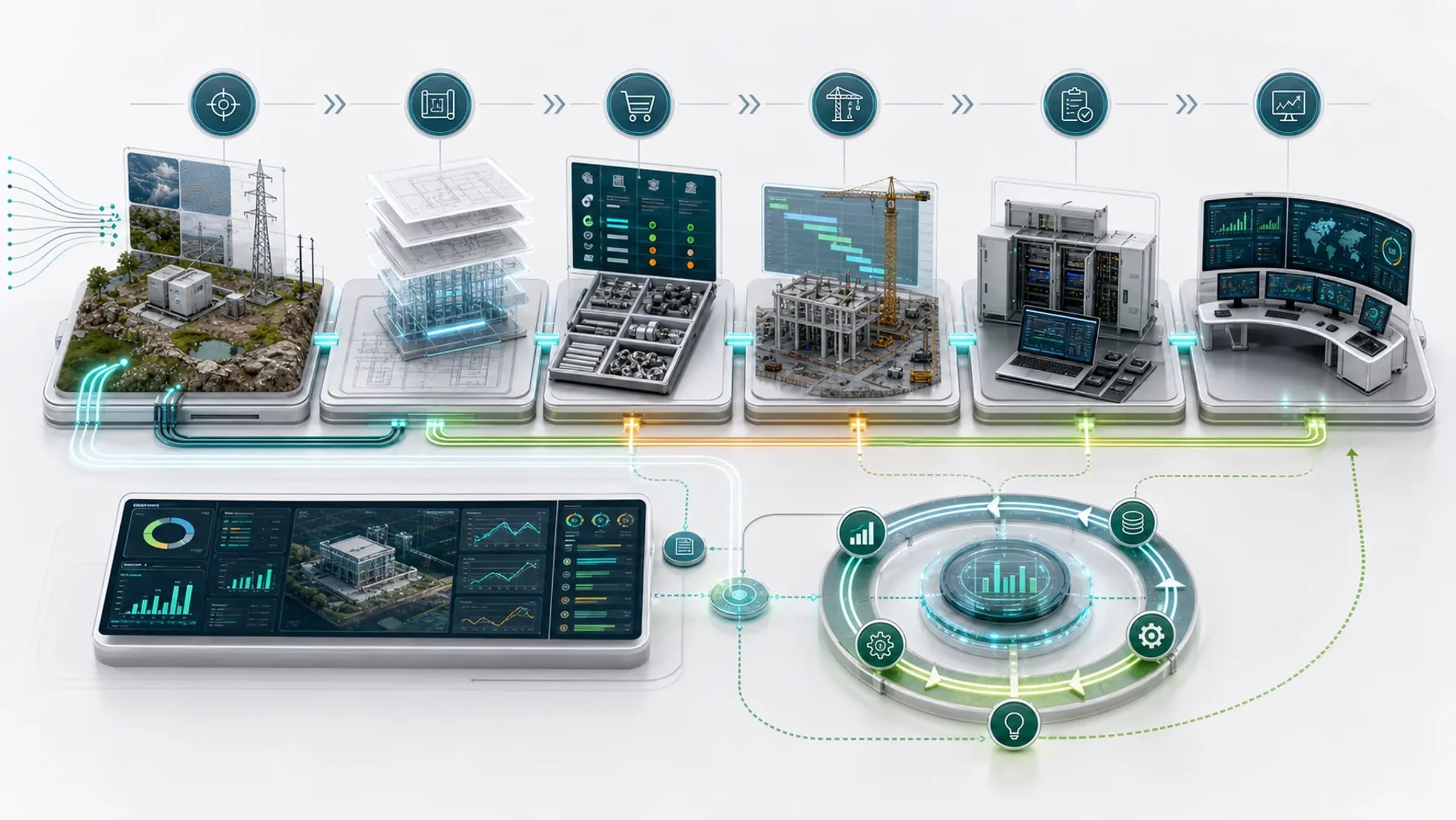 Engineering process operating system from problem framing through feasibility, engineering, procurement, build, commissioning and O&M improvement.