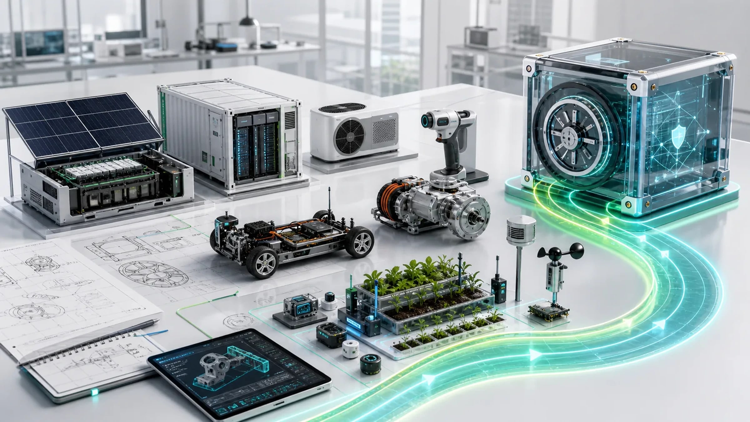 Product and IP bank visual with prototypes, documentation and a secure IP vault.