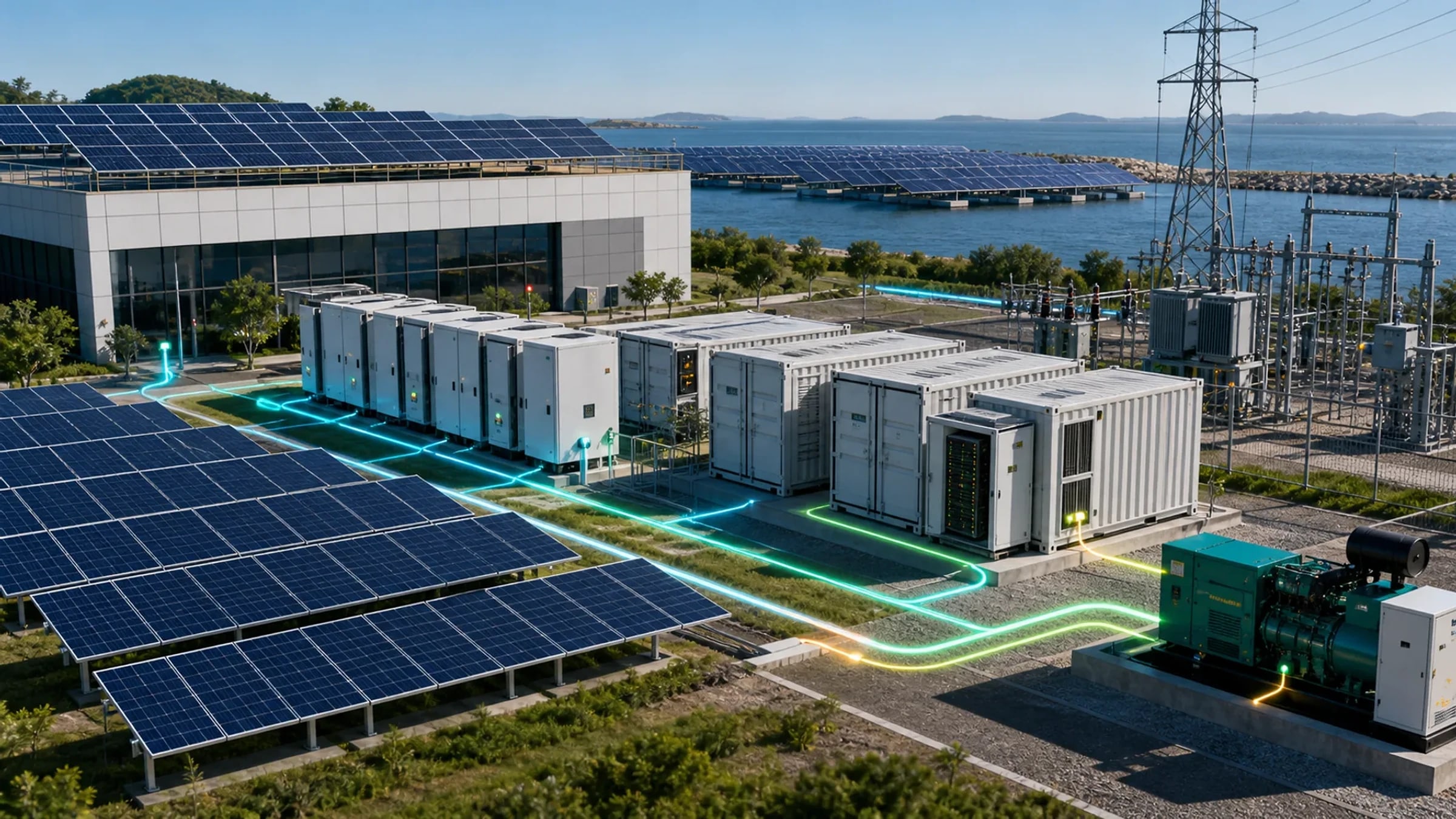 Photorealistic solar EPC and hybrid power site with solar arrays, BESS, inverter and grid backup infrastructure.