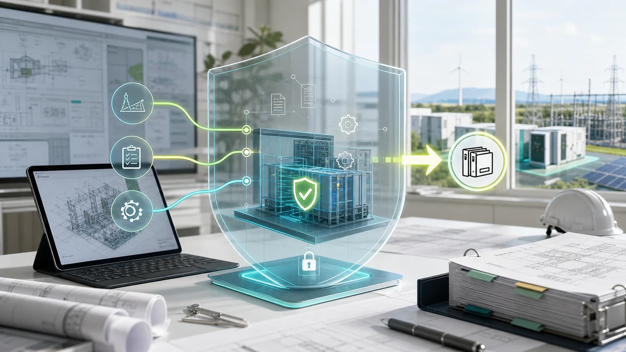 White-label engineering delivery visual showing protected capability transfer through a secure technical shield.