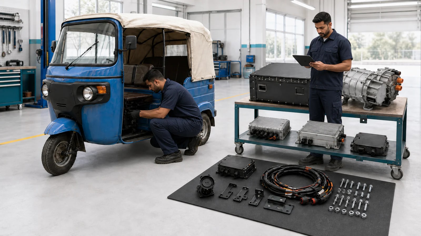 AR EV conversion scene showing a donor tuk-tuk, LFP battery, rear e-drive and control components.