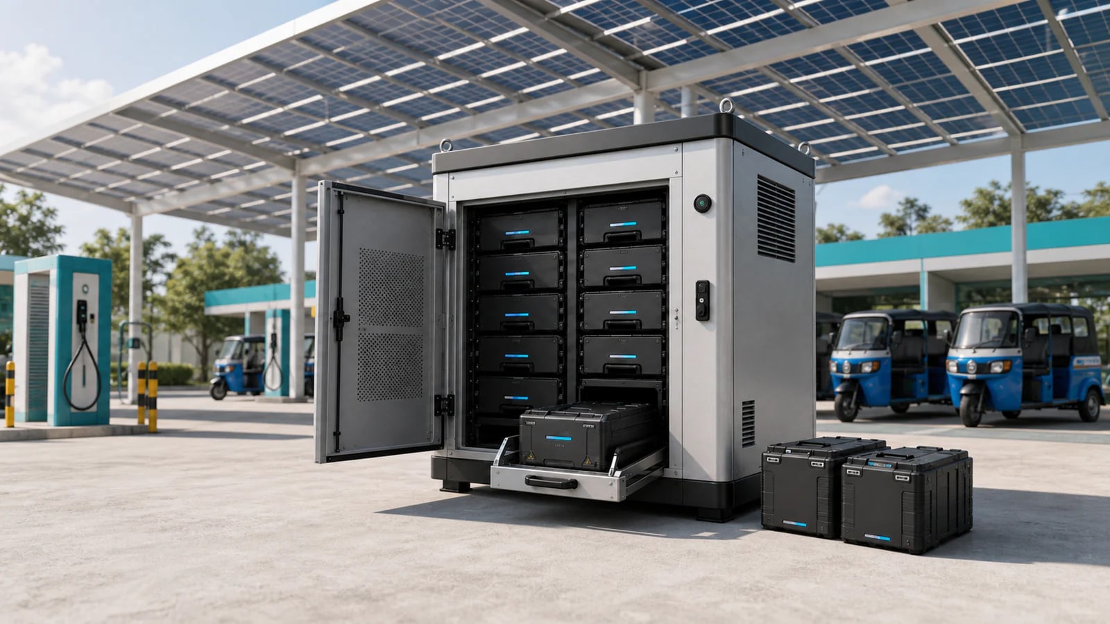 AR EV Battery Swap Module showing the modular cabinet, battery trays and mobility hub.
